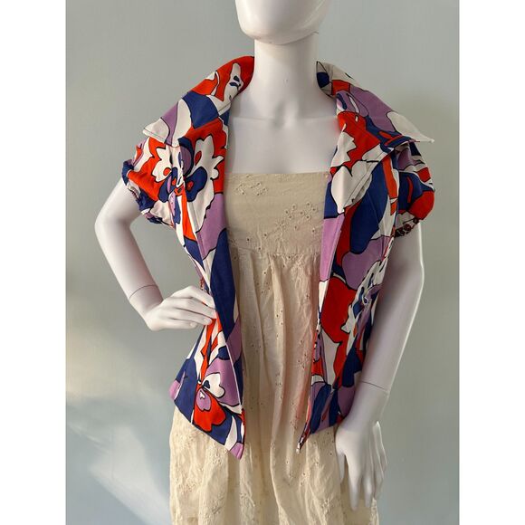 Vintage WDNY Red, Blue and Purple Abstract Floral Patterned Open Front Coat sz 8 - Picture 6 of 7